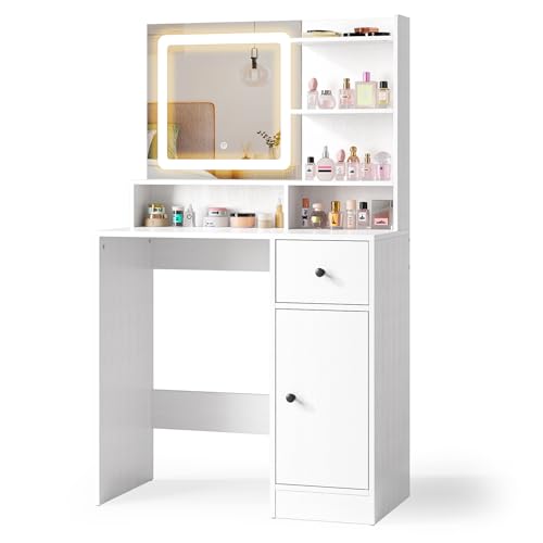 Xbro Schminktisch mit LED-Beleuchtung Spiegel,Verstellbarer Helligkeit,Kosmetiktisch mit Schubladen und Schrank, Frisiertisch mit 2 Ablageböden und offen Fächern,Modern, 80 x 40 x 136 cm,Weiß von Xbro