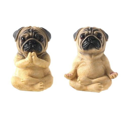 Xbsduih 2 Stück Möpse Statue Home, Yoga Sitzende Mops Welpe Figur, Mops Welpe Partner Sammler Hund Statue, Harz von Xbsduih