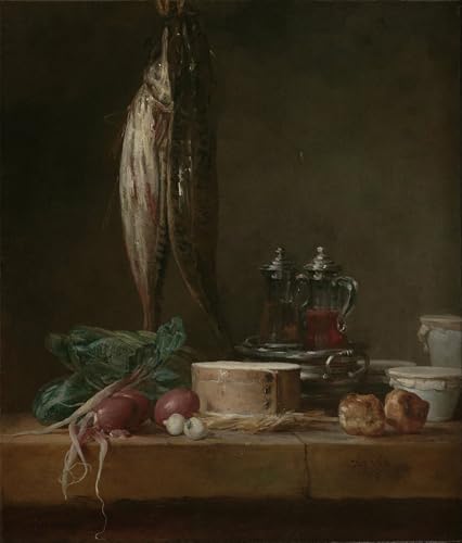 XcBAIHOUD Vintage Wandkunst Bilder Kunstdruck Wanddeko Stillleben mit Fischgemüse Gougères-Töpfen und Menagen auf einem Tisch von Jean Baptiste Simeon Chardin für Wanddekoration 60x90cm von XcBAIHOUD