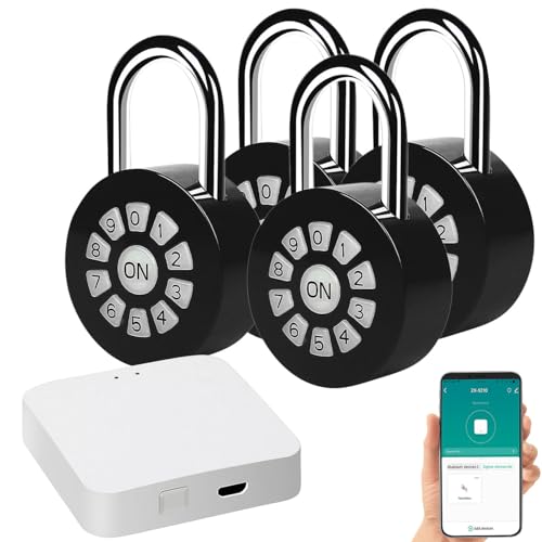 Xcase smartes Schloss: 4er Metall-Vorhängeschloss mit Zahlencode und App, IP65 + Gateway (WLAN Gateway, Netzwerk Verbinder, Steckdosen) von Xcase