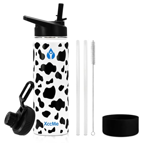 XccMe Isolierte Wasserflasche, Edelstahl-Wasserflaschen, doppelwandige Metall-Wasserflasche mit Strohhalm, 2 Deckel, Silikonstiefel, Sport-Wasserflasche (Kuh), 625 ml von XccMe