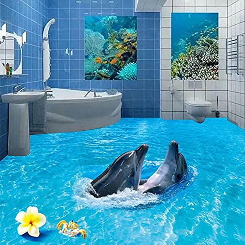 Benutzerdefinierte Fototapete 3D Ocean Wave Beach Zwei Delfine Wohnzimmer Schlafzimmer Badezimmer Bodenaufkleber PVC Selbstklebende Tapete-150x105cm von Xcssmy