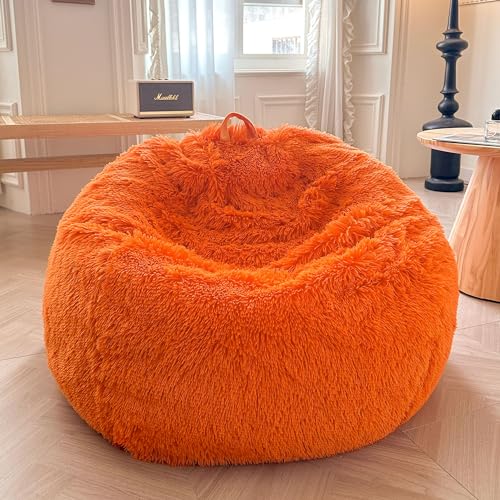 XeGe Bequemer Kunstfell-Sitzsackbezug (ohne Füllung), Flauschiger Kuscheltier-Speicher-Sitzsackbezug für Schlafzimmer & Home Decor, pelziger Gaming-Sitzsack Erwachsene, Kinder, rutschfest, Orange von XeGe