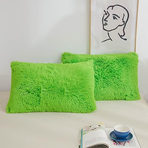 XeGe Flauschige Kunstfell-Kissenbezüge, weicher Plüsch, zottelig, limettengrün, Samt, flauschig, dekorative Kissenbezüge für Bett, Couch, Reißverschluss, 2er-Set (King-Size-Größe, Limettengrün) von XeGe