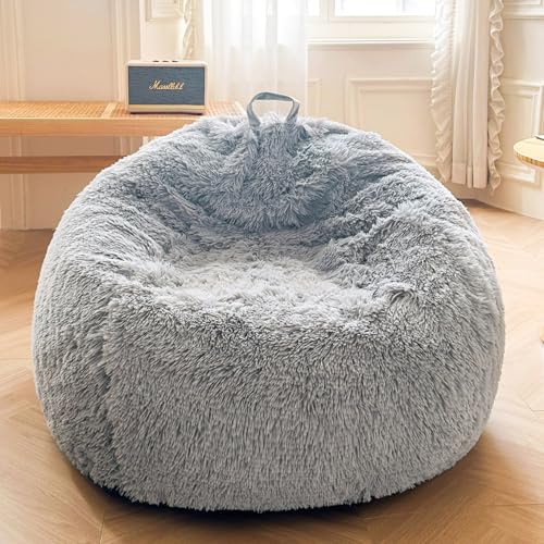 XeGe Flauschiger Kuscheltier-Speicher-Sitzsackbezug (ohne Füllung), waschbar ultraweicher Kunstfell-Sitzsackbezug für Plüschtiere, flauschiger großer Sitzsack Erwachsene, Kinder, Jugendliche, Hellgrau von XeGe
