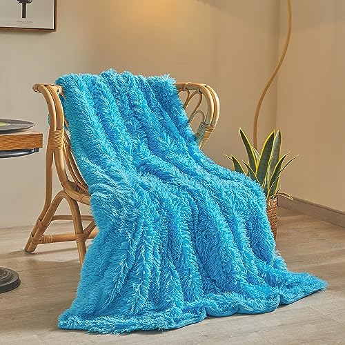 XeGe Luxuriöse Flauschige Decke Sofa Kuscheldecke, Warme Winter Weich Sofadecke, Hochwertige Kunstpelz Decke, Zotteliger Couchdecke, 127x152 cm Plüsch Pelziger Wohndecke für Couch, Blau von XeGe