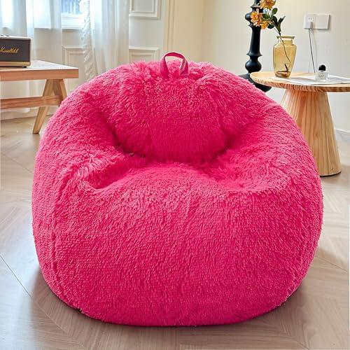 XeGe Flauschiger Kuscheltier-Speicher-Sitzsackbezug (ohne Füllung), waschbares weiches Kunstfell-Sitzsackbezug für Plüschtiere, Flauschiger großer Sitzsack Erwachsene, Kinder, Jugendliche, Knallrosa von XeGe