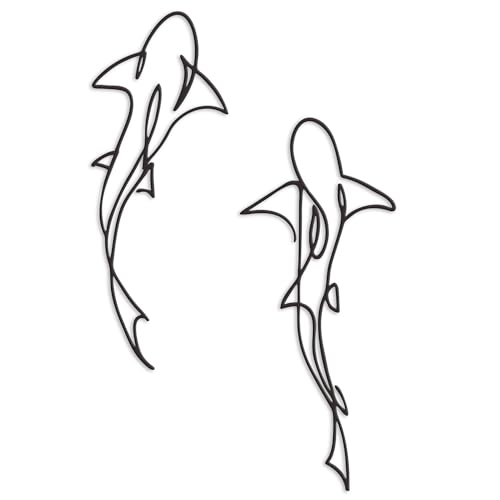 Wanddekoration aus Metall – nautischer Hai, abstrakte Linie, Hai-Design für Innenräume mit Küstenmotiv (2 Stück, schwarz) von Xedatric