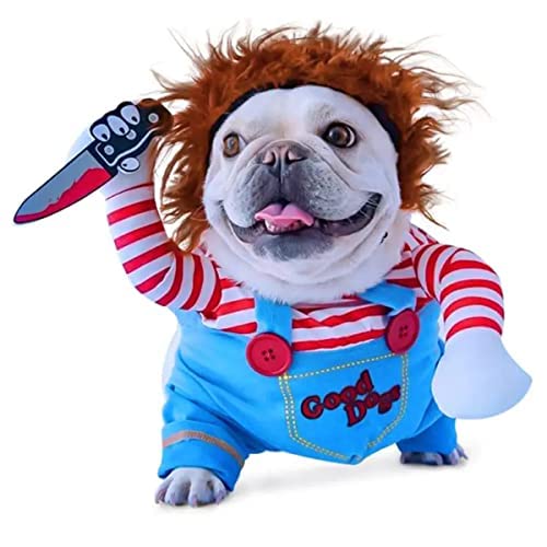 Chucky Hundekostüme für Hunde Wig and Knife,Lustige Chucky Hundekleidung Puppe Halloween Cosplay Kostüm (L) von XehCaol