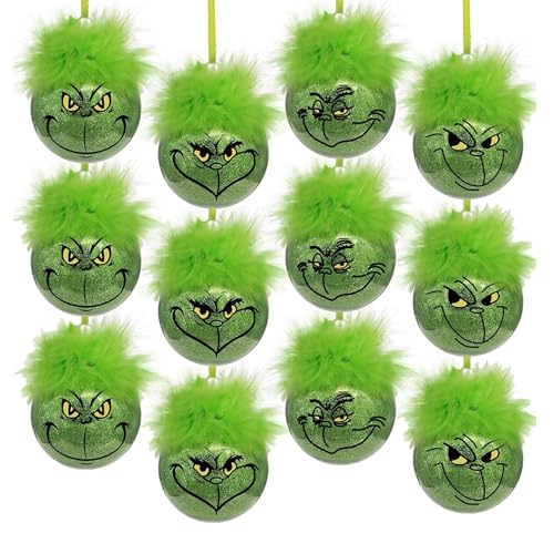 XehCaol Weihnachtsbaumkugeln Lustige Weihnachtskugeln Satz Christbaumkugeln Kunststoff Weihnachtskugeln Weihnachtsbaumschmuck Urlaub Hängende Ornamente Dekoration (Grinch mit Haaren-12pcs) von XehCaol