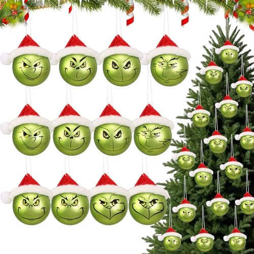 XehCaol Weihnachtsbaumkugeln Lustige Weihnachtskugeln Satz Christbaumkugeln Kunststoff Weihnachtskugeln Weihnachtsbaumschmuck Urlaub Hängende Ornamente Dekoration (Grinch mit Weihnachtsmütze-12pcs) von XehCaol