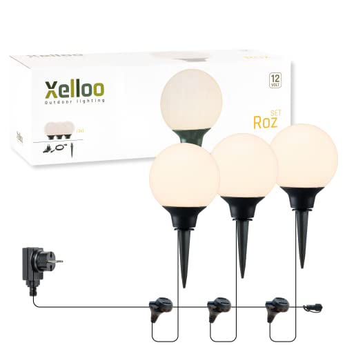 Xelloo® Gartenleuchten Set ROZ, 12 Volt, 3 Stück Designarmaturen 1W LED warmweiß mit Erdspieß, wasserdicht (IP44) und mit praktischem Schiebeanschluss von Xelloo