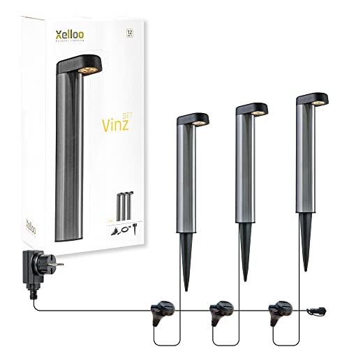 Xelloo® Gartenleuchten Set VINZ, 12 Volt, 3 Stück Aluminium/PVC Designarmaturen 1W LED warmweiß mit Erdspieß, wasserdicht (IP44) und mit praktischem Schiebeanschluss von Xelloo