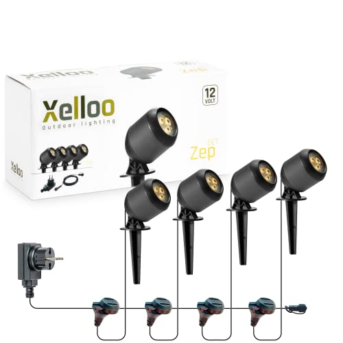 Xelloo® Gartenleuchten Set ZEP, 12 Volt, 4 Stück Aluminium/PVC Designarmaturen 1W LED warmweiß mit Erdspieß, wasserdicht (IP44) und mit praktischem Schiebeanschluss, einfach selbst installieren von Xelloo