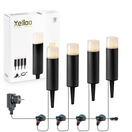 Xelloo Gartenleuchten Set JAX, 12 Volt, 4 Stück Aluminium/PVC Designarmaturen 1W LED warmweiß mit Erdspieß, wasserdicht (IP44) und mit praktischem Schiebeanschluss Schwarz von Xelloo