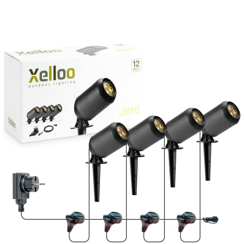 Xelloo Gartenleuchten Set JERO, 12 Volt, 4 Stück Aluminium/PVC Designarmaturen 1,6W LED warmweiß mit Erdspieß, wasserdicht (IP44) und mit praktischem Schiebeanschluss, Schwarz von Xelloo