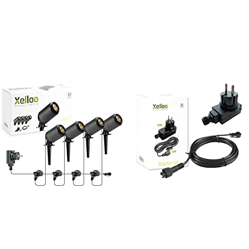 Xelloo Gartenleuchten Set JERO, 12 Volt, 4 Stück Aluminium/PVC Designarmaturen 1,6W LED warmweiß mit Erdspieß & Starterset mit 12V Transformator und 8 Meter Verlängerungskabel, Schwarz, PL7001 von Xelloo