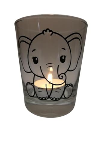 Teelicht Glas Windlicht Tischlicht Print schwarz mit Baby Elefant Herbst Sommer Handmade Unikat Maritim Geburtstag Ostern Muttertaggeschenk, Höhe 9cm, von Xenon