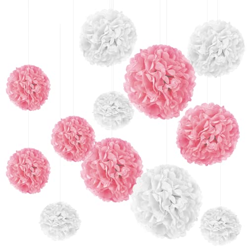 12er Set Seidenpapier Pompoms, inkl. Satinbänder (je 1.20m), inkl. Geschenkverpackung, mit deutscher Videobastelanleitung (Weiß Rosa) von Xenoria