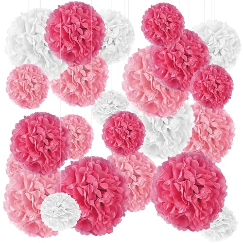 24er Set Seidenpapier Pompoms, inkl. Satinbänder (je 1.20m), inkl. Geschenkverpackung, mit deutscher Videobastelanleitung (Weiß Rosa Pink) von Xenoria