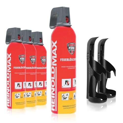 XENOTEC Premium Feuerlöschspray – 4 x 750ml – 2 Wandhalter - Stopfire – Autofeuerlöscher – REINOLDMAX – inklusive Wandhalterung schwarz – wiederverwendbar von Xenotec