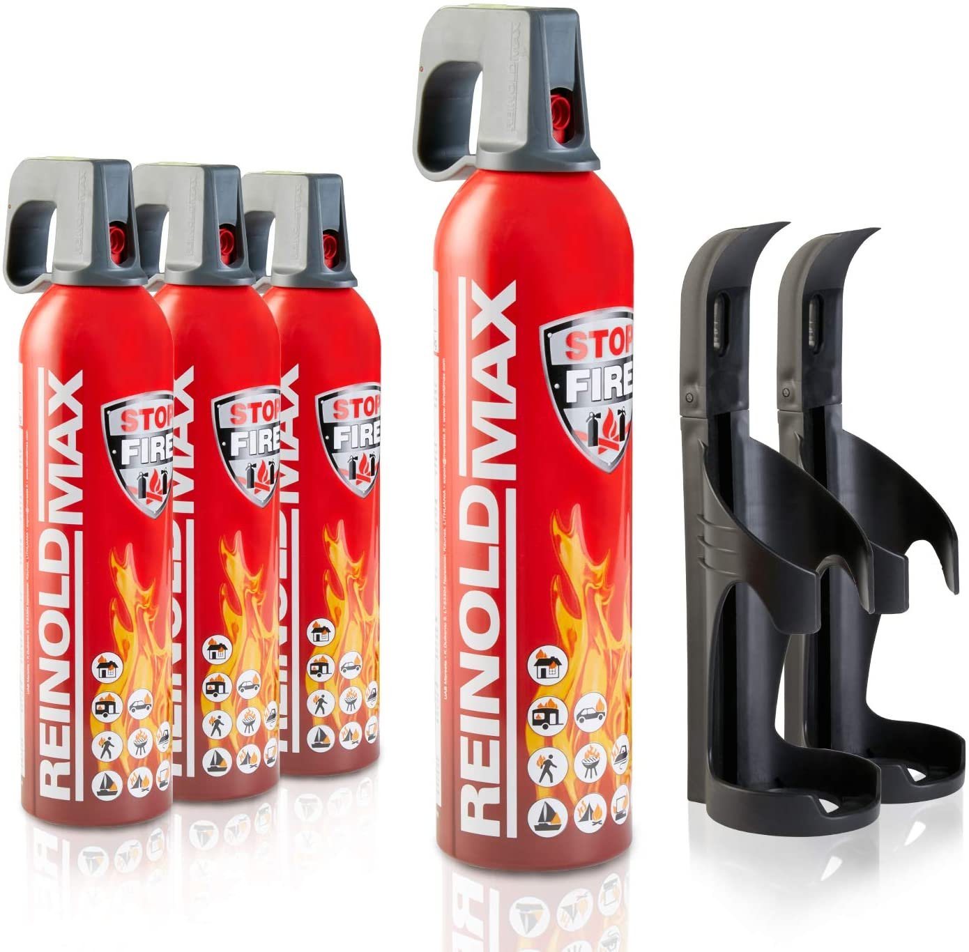 Xenotec Feuerlöschspray XENOTEC Premium Feuerlöschspray – Autofeuerlöscher – REINOLDMAX – inklusive Wandhalterung schwarz – wiederverwendbar, Dauerdruck, Löschschaum AFFF 1 %, (4-St) Auto, Wohnung, Wohnmobil, Garten, Grill von Xenotec