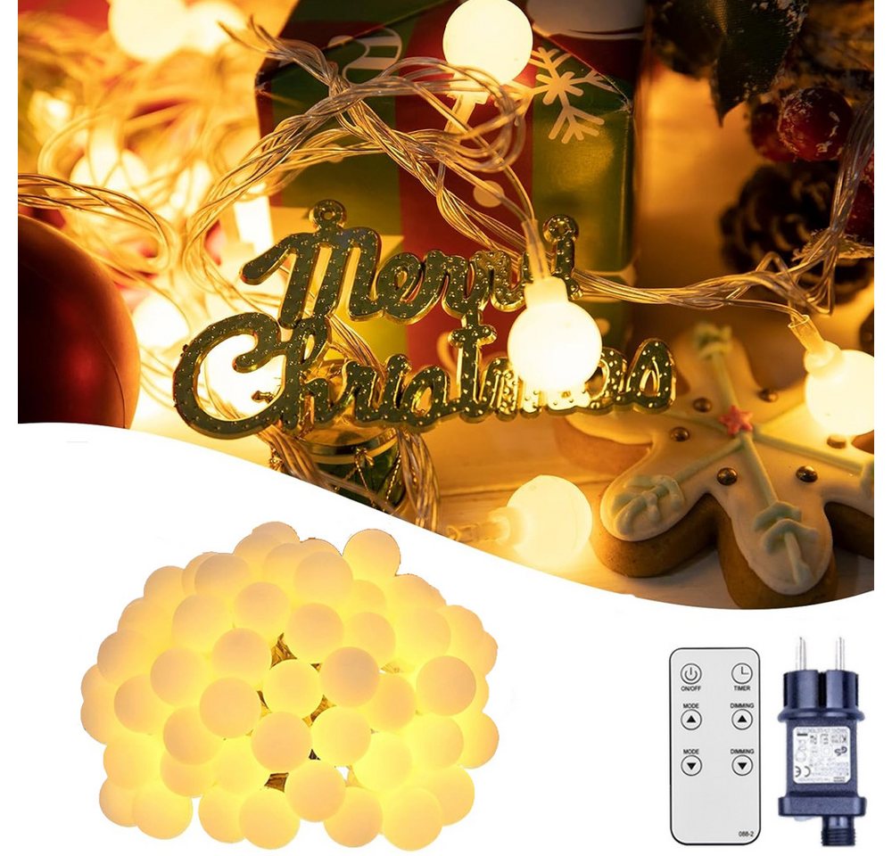 XERSEK LED-Lichterkette Kugel Warmweiß 10 Modi Memory Timer Außen Innen Weihnachtsbeleuchtung, 150-flammig, mit Stecker, IP44, 31V, fur Party Dekor, Kinderzimmer, Balkon von Xersek