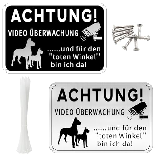 Vorsicht Hund Schild, 2 Stück Freilaufender Hund Schild Videoüberwachung Schild/Warnung vor dem Hund Schilder mit Kabelbindern und Schrauben, 20x15cm Aluminium Metallschild für Innen und Außen von Xerteam