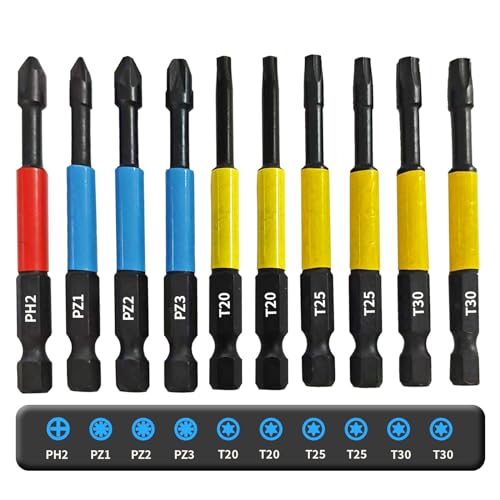 Xerteam 75 mm 10-teiliges Torx Schraubendreher Bit Set, Schlagschrauber-Bits, Magnetische Bits, Schlag-BitSet, 1/4 Zoll Sechskantschaft, Professional Bitsatz, Bithalter-Zubehör PH2 PZ1/2/3 T10/25/30 von Xerteam