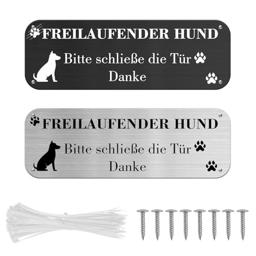 Xerteam 2 Stück Vorsicht Hund Schild, Vorsicht Freilaufender Hund schild, Schild Hund Warnung, 25x9cm Aluminium Reflektierendes Schilder mit 4 Vorgebohrten Löchern 8*Schrauben und 30*Kabelbinder von Xerteam