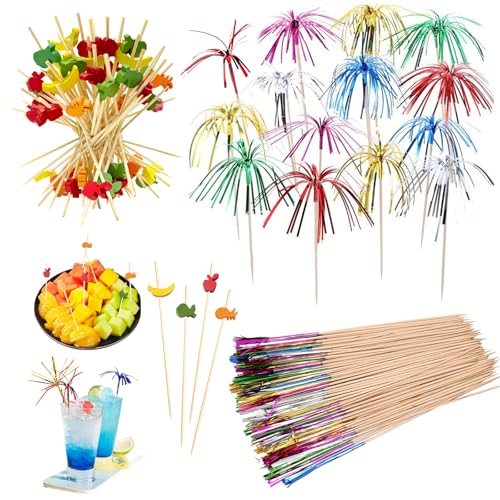 200 Stück Cocktail Deko, 23cm Cocktailspieße, Holz Cocktail Sticks, 12cm Spieße Fingerfood, Wiederverwendbar Cocktailspieße Feuerwerk Sticks für Sommer Party Geburtstagsbars Cocktailparty Deko von Xerteam