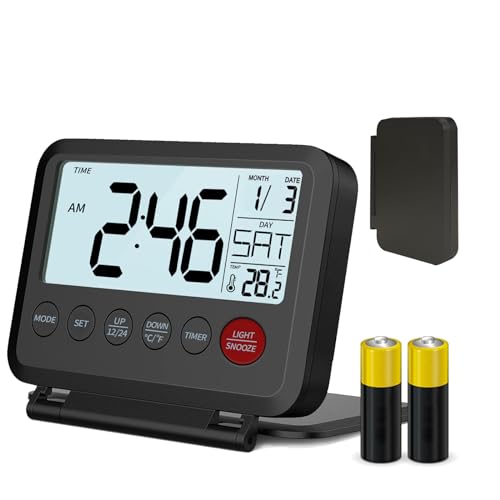 Xerteam Digitale Uhr, tragbarer Reisewecker mit LCD-Display, einfache Einstellung, Kalender, Temperatur, Timer, Hintergrundbeleuchtung, 12/24 Stunden, Schlummerfunktion, kleine Klappuhr für von Xerteam