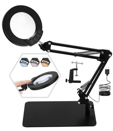 Lupe mit Licht und Ständer, 10X LED Lupenleuchte mit Klemme, LED Lupenlampe mit 3 Farbmodi Dimmbare, Lampe mit Lupe für handwerkliche Reparaturen Nahaufnahmen, Tischlupe mit Beleuchtung von Xespis