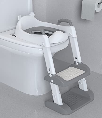 Toilettensitz Kinder mit Treppe, Toilettentrainer für Kinder, WC Sitz mit PU Gepolsterter, Höhenverstellbar und Faltbar, Rutschfest mit Spritzschutz Toilettenaufsatz Kinder(Weiß, Grau) von Xespis