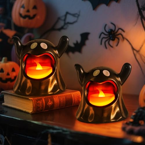 2 Stück Halloween Deko LED Teelichter, Halloween Geist Kerzenlicht Batteriebetrieben, Geister Deko Realistische Flackernde Flammenlose h-alloween Beleuchtung, Für Weihnachten Herbstdeko (B) von Xevinas