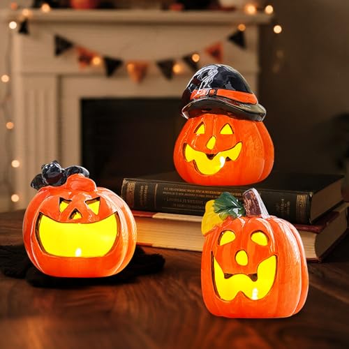 Halloween Deko Kürbis, LED Kürbis Deko Aus Hochwertiger Keramik, kürbis Keramik Beleuchtet Mit Warme LED-Licht, Als Innen Herbstdeko Oder Garten Deko Windlicht, Perfektes (Set) von Xevinas