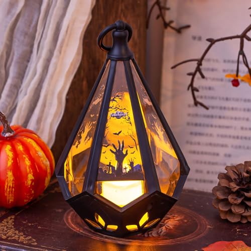 Halloween Deko Kürbis Laterne, Halloween Herbstdeko Innen Outdoor Mit 4 Herbstmotiven, Led H-alloween Beleuchtung Batteriebetrieb, Hallowee-n Laterne Sicher Und Flammenlos, Stehen/hängen von Xevinas