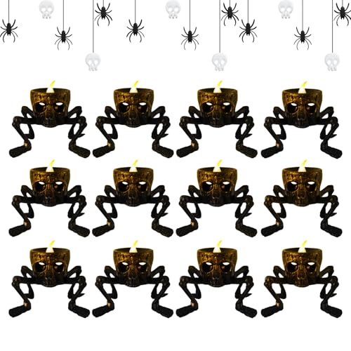 Halloween Deko LED Kerzen | Finger Schädel Led Teelichter | LED Flammenlos Spinne Kerzenlichter | Halloween Led,halloween Lichter,halloween Tischdeko Für Indoor Outdoor Garten (Totenkopfstil, 12stk) von Xevinas