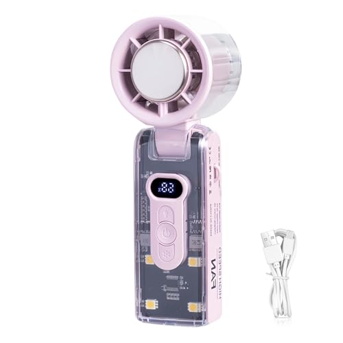 Handventilator, Mini Ventilator Mit LED Licht Turbo Lüfter Und Eiskühlung, 100 Stufen Einstellbar, 90° Faltbar Handventilator Akku Aufladbar, Transparentes Gehäusedesign Ventilator Klein Für Outdoor von Xevinas
