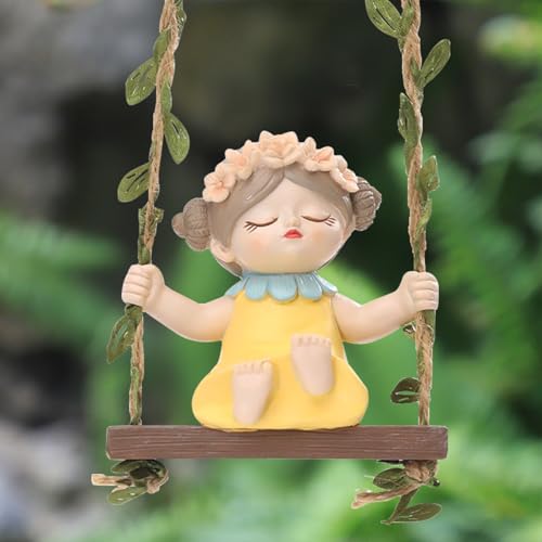 Schaukel Gartenfiguren, Frühlingsdeko Schaukelfeenfigur Aus Holz Und Harz, Gartenfiguren Für Draußen Wetterfest Hängende Garten Zubehör, Miniatur Figuren Für Gärten, Terrassen, Rasenflächen (Gelb) von Xevinas