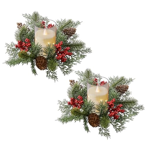 Weihnachtsdeko Teelichthalter Weihnachten Kerzenhalter Adventskranz, Teelichthalter Adventskranz Aus Hochwertigem Harz, Adventskranz Künstlich Mit Beeren Kerzenring Weihnachtsdeko Tisch (A,2STK) von Xevinas