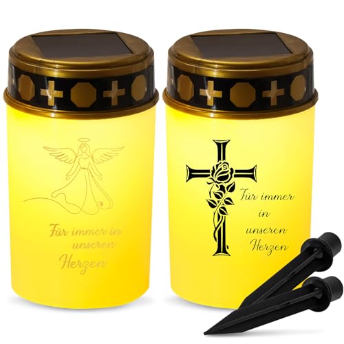 Xevinas 2pcs Grablichter, Grablicht Solar 12,3 X 7 Cm Mit Realistischer Flackereffekt, Grabkerzen Led Mit Batterie Grabschmuck Wetterfest Mit 2 Erdspieß, Grablichter Für Immer in Unseren Herzen (D) von Xevinas