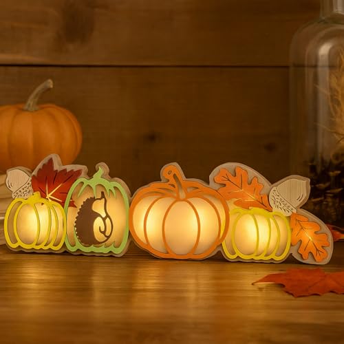 Xevinas Herbstdeko Kürbis Igel Deko, 3D Holz LED Kürbis Ahornblättern Stimmungsleuchten Thanksgiving Deko, Windlicht Herbst Autumn Decor Mit Warmem LED-Licht, Geschenk Für Thanksgiving Erntedank (C) von Xevinas
