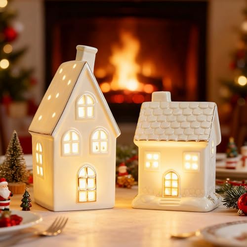 Xevinas Weihnachtsdeko LED Weihnachtshaus, Porzellan Häuser Weiß Mit Goldenen Kanten, Lichterhaus Keramik Weihnachtsdorf Mit Beleuchtung Batteriebetrieben, DIY Winter Deko Adventsdeko Innen (B+C) von Xevinas