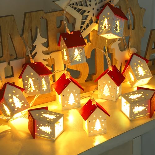 Weihnachtsdeko Weihnachtshaus Beleuchtet, 10stk Christbaumschmuck Holz Mit Led, Weihnachtsdorf Häuser Wichtelstube Holzhaus Batteriebetriebene, Etwa 2 M Lang Weihnachtsbaum Schmücken (B) von Xevinas