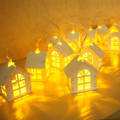 Weihnachtsdeko Weihnachtshaus Beleuchtet, 10stk Christbaumschmuck Holz Mit Led, Weihnachtsdorf Häuser Wichtelstube Holzhaus Batteriebetriebene, Etwa 2 M Lang Weihnachtsbaum Schmücken (C) von Xevinas