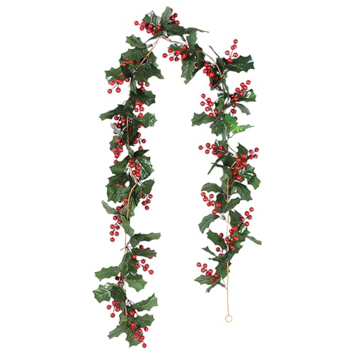 Xevinas Weihnachtsgirlande 200cm Künstliche Beerengirlande Rote Beeren Girlande Stechpalme Tannengirlande Mistelzweig Girlande Ilex Künstlich für Weihnachten Kamin Treppe Tisch (D) von Xevinas