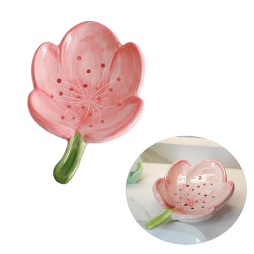 Blume Seifenschale Keramik, Seifenschale mit Ablauf Niedlich, Verzierungen Seifenhalter Kreativ Abtropfbarer Seifenschalenhalter (Tulpe, Rosa) von Xfeyaqlo