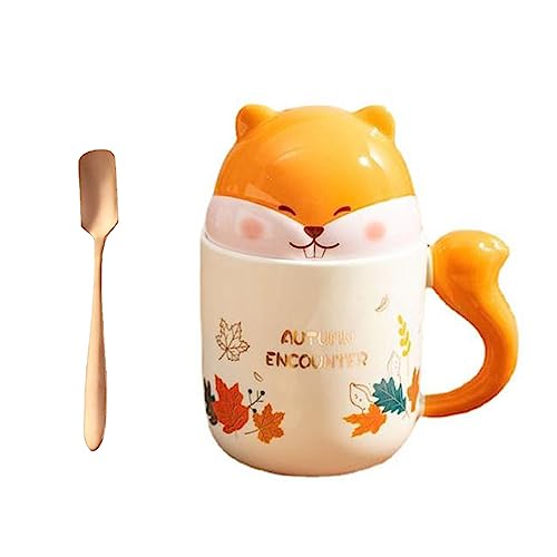 Eichhörnchen Tasse, 430ml Becher Eichhörnchen, Milchbecher Keramisch Frühstückstasse, SüßE Tassen Kaffeetasse, Tassen mit Löffel und Deckel, Ideal zum Verschenken an Freunde und Familie (Orange) von Xfeyaqlo