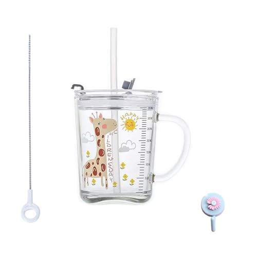Glas Milchbecher mit Messbecher, Milchglas mit Silikonstroh Messbecher mit Deckel für Milchsaft Eistee Kaffee für Mikrowelle, gelber Hirsch von Xfeyaqlo